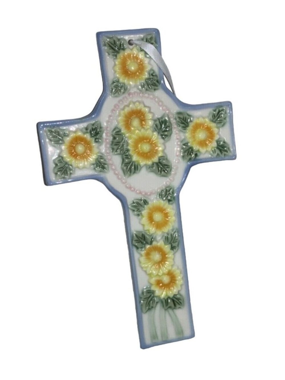 Floral Ceramic Cross Wall Hanging With Sunflower Design
